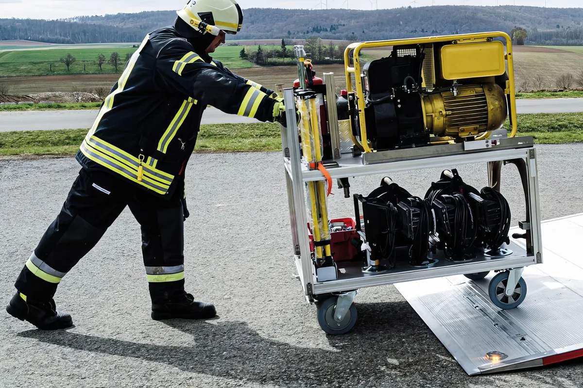 Feuerwehrmann in kompletter Schutzkleidung schiebt einen HENSEL Rollwagen mit Stromerzeuger und Atemschutzgeräten über die Ladebordwand in ein Feuerwehrfahrzeug.
